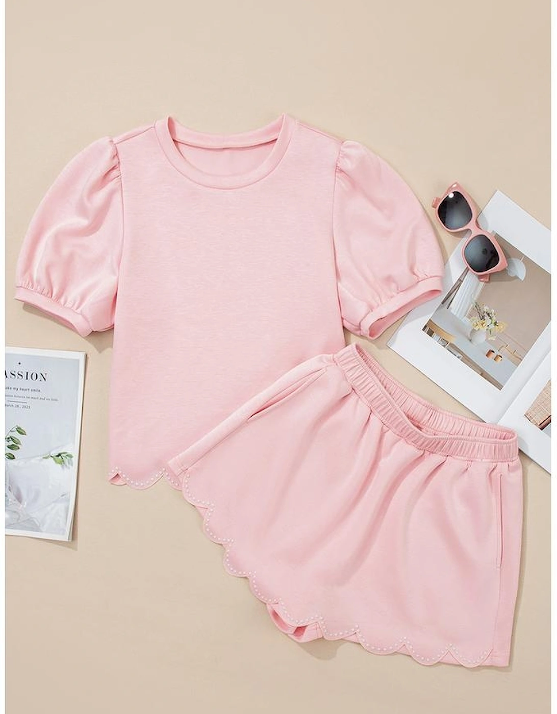 Light Pink Puff Sleeve Pearl Embellished Scallop Trim Top 2 Piece Skort Set
