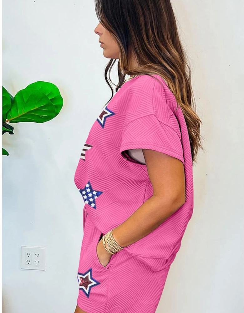 Strawberry Pink Solid Color Textured Sequined American Star Patched Short 2pcs Outfit