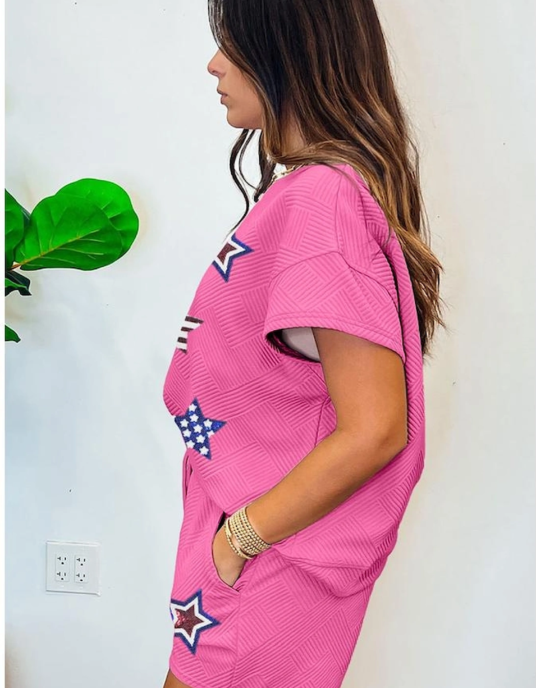 Strawberry Pink Solid Color Textured Sequined American Star Patched Short 2pcs Outfit, 10 of 9