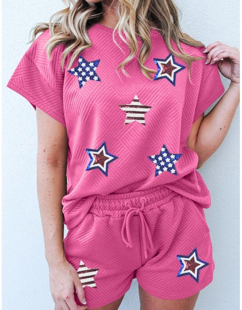 Strawberry Pink Solid Color Textured Sequined American Star Patched Short 2pcs Outfit