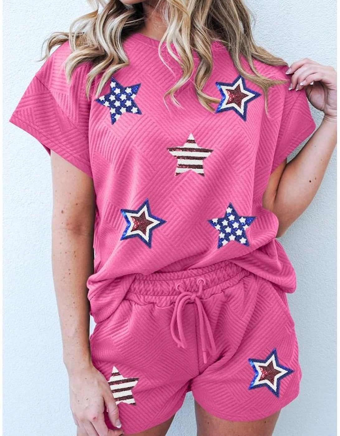 Strawberry Pink Solid Color Textured Sequined American Star Patched Short 2pcs Outfit