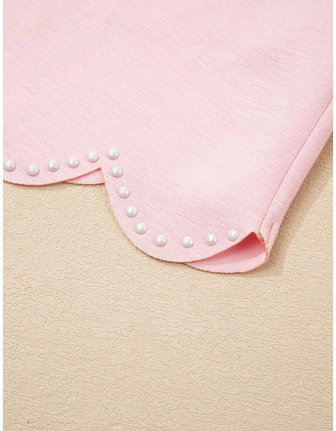 Light Pink Puff Sleeve Pearl Embellished Scallop Trim Top 2 Piece Skort Set