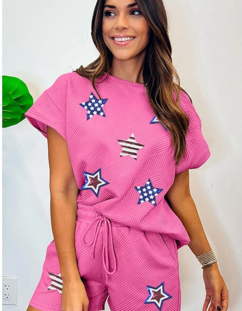 Strawberry Pink Solid Color Textured Sequined American Star Patched Short 2pcs Outfit