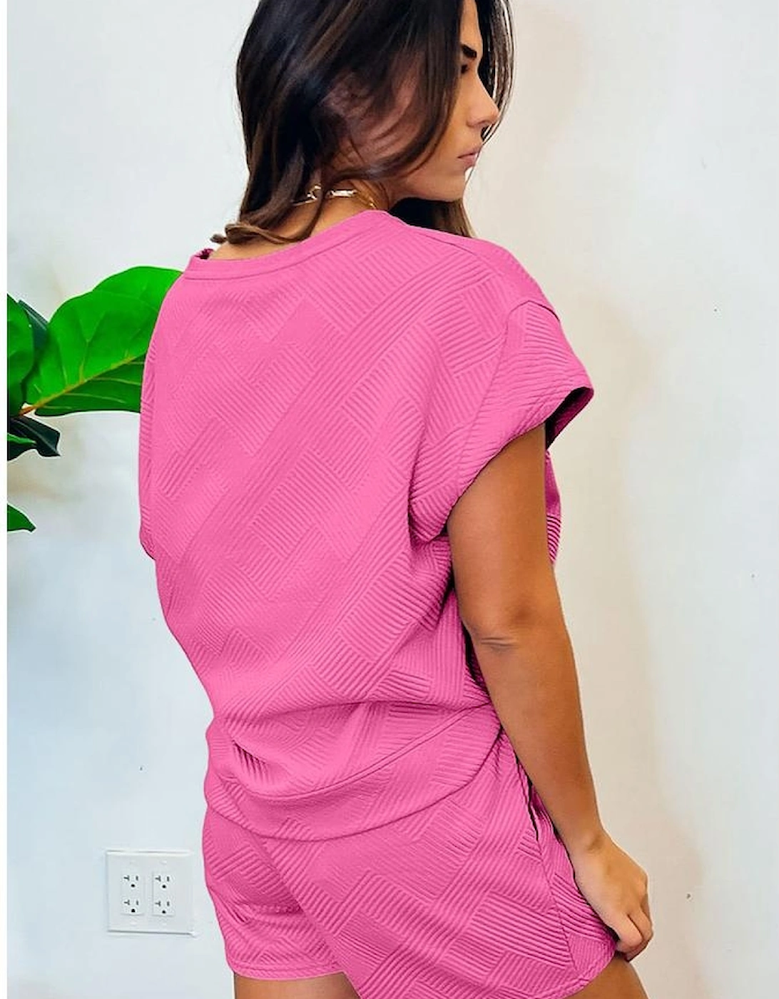 Strawberry Pink Solid Color Textured Sequined American Star Patched Short 2pcs Outfit