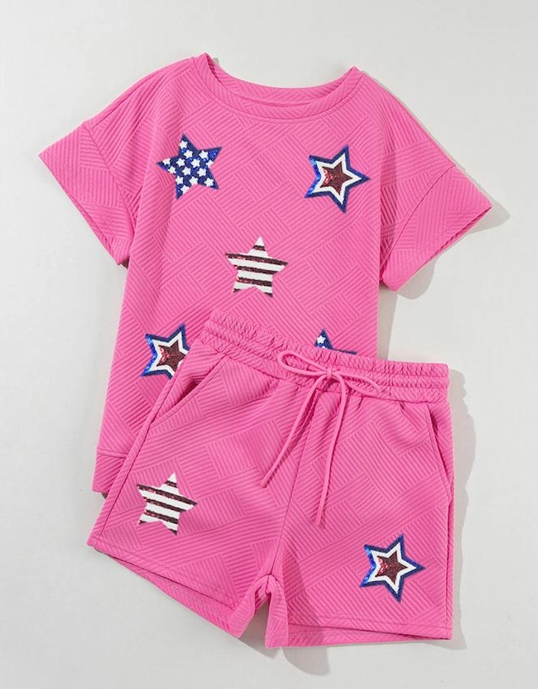 Strawberry Pink Solid Color Textured Sequined American Star Patched Short 2pcs Outfit