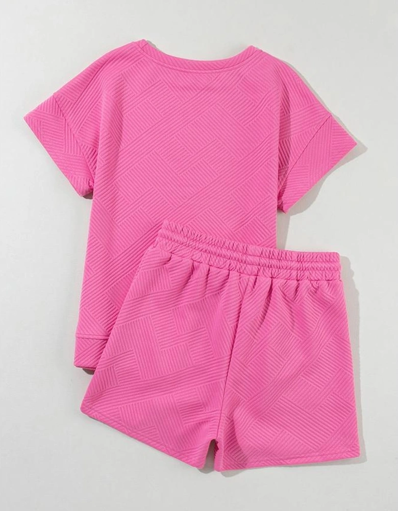 Strawberry Pink Solid Color Textured Sequined American Star Patched Short 2pcs Outfit