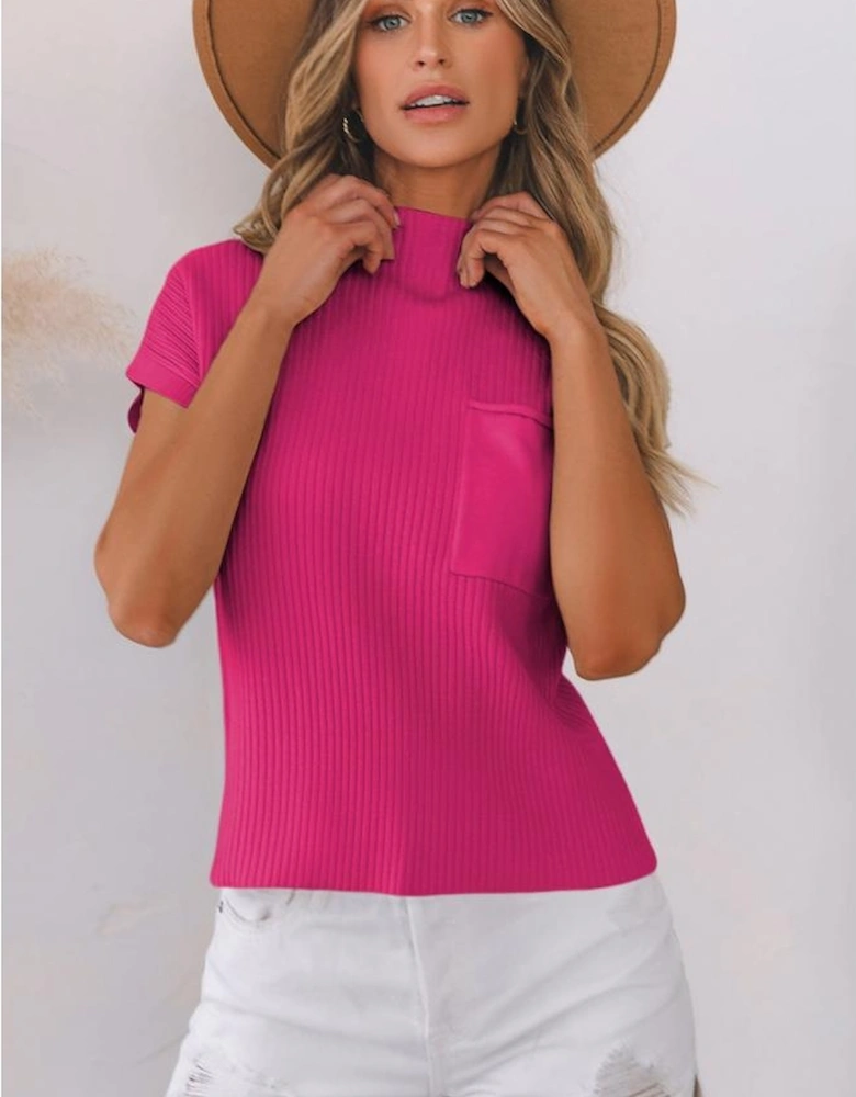 Rose Red Patch Pocket Ribbed Knit Short Sleeve Sweater