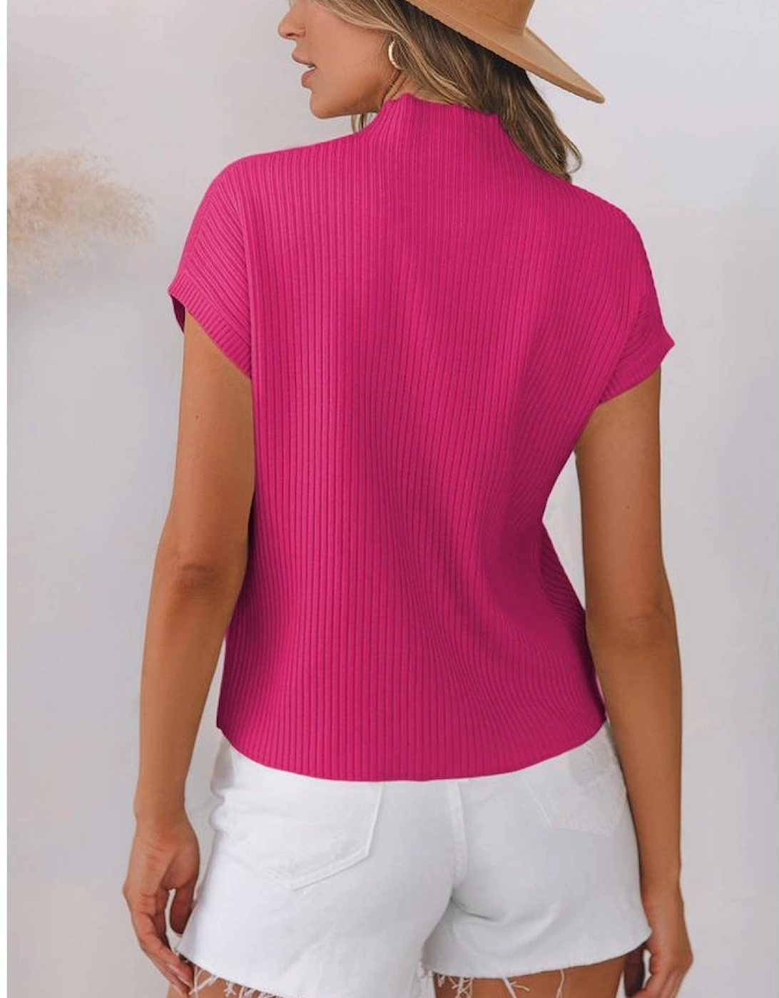 Rose Red Patch Pocket Ribbed Knit Short Sleeve Sweater