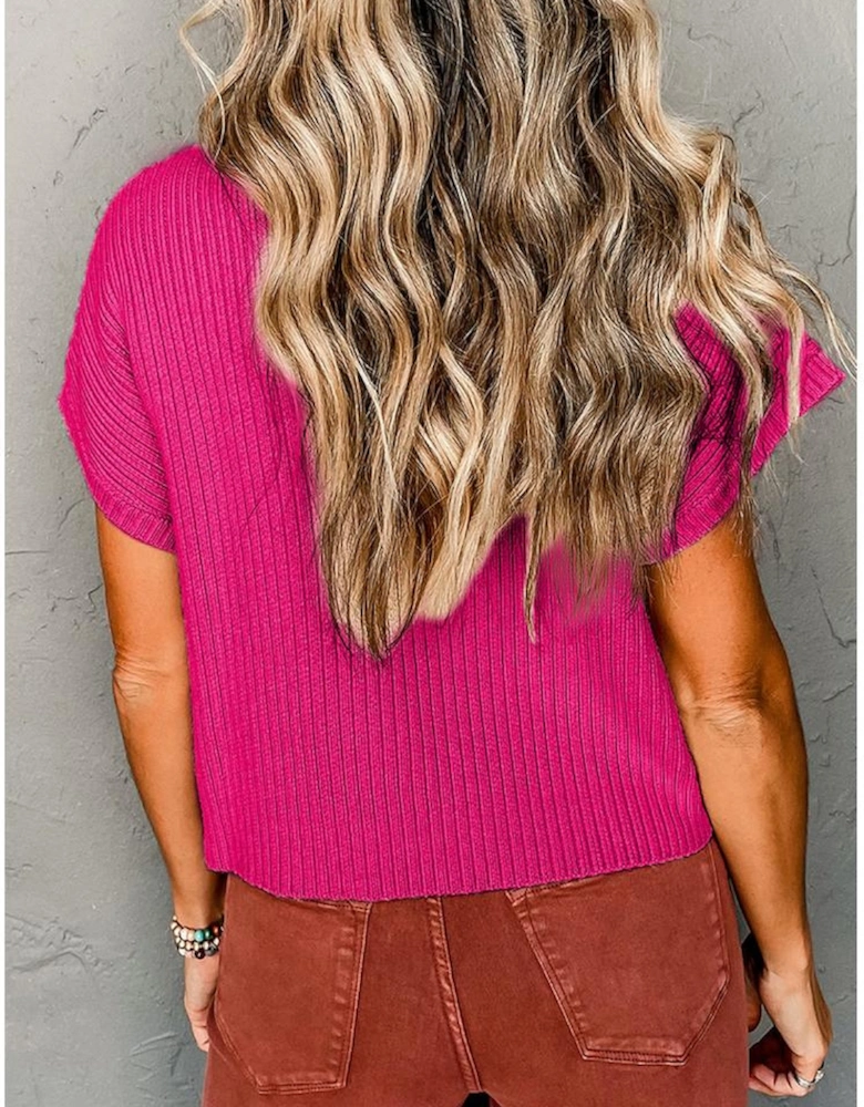 Rose Red Patch Pocket Ribbed Knit Short Sleeve Sweater