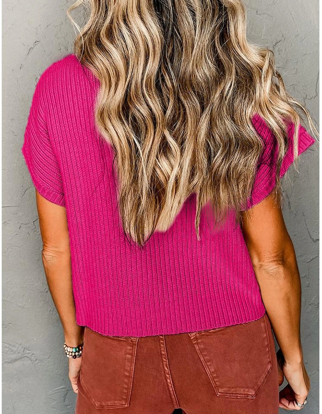 Rose Red Patch Pocket Ribbed Knit Short Sleeve Sweater