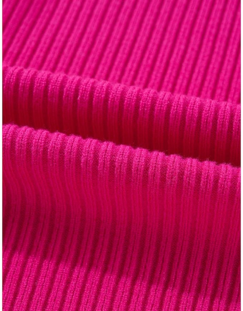 Rose Red Patch Pocket Ribbed Knit Short Sleeve Sweater