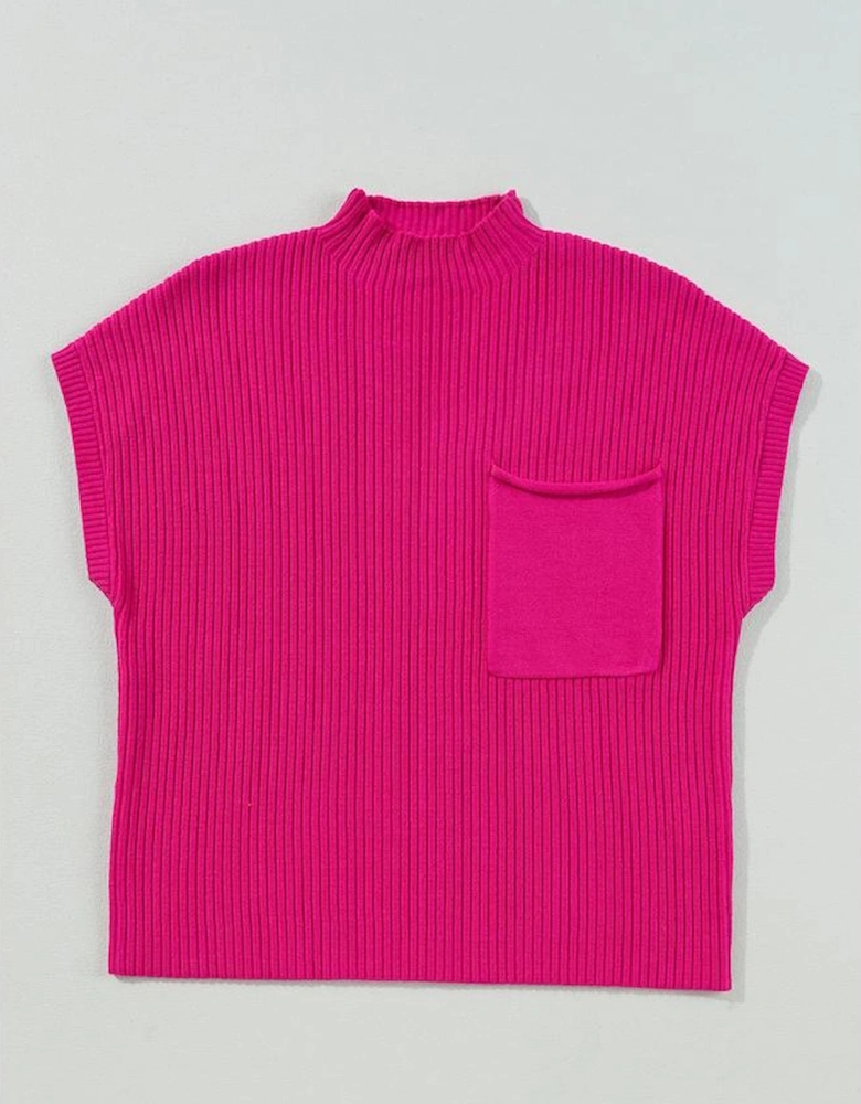 Rose Red Patch Pocket Ribbed Knit Short Sleeve Sweater