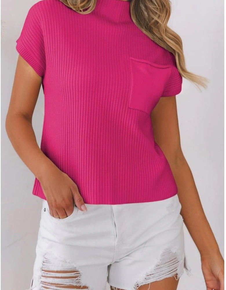 Rose Red Patch Pocket Ribbed Knit Short Sleeve Sweater