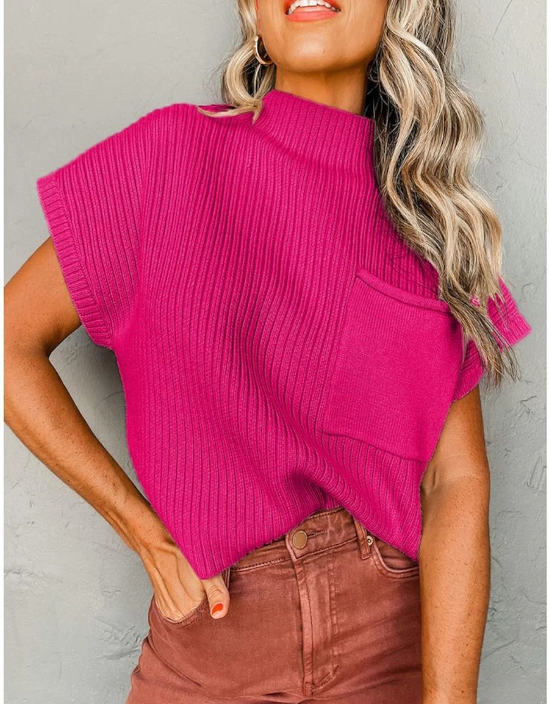 Rose Red Patch Pocket Ribbed Knit Short Sleeve Sweater