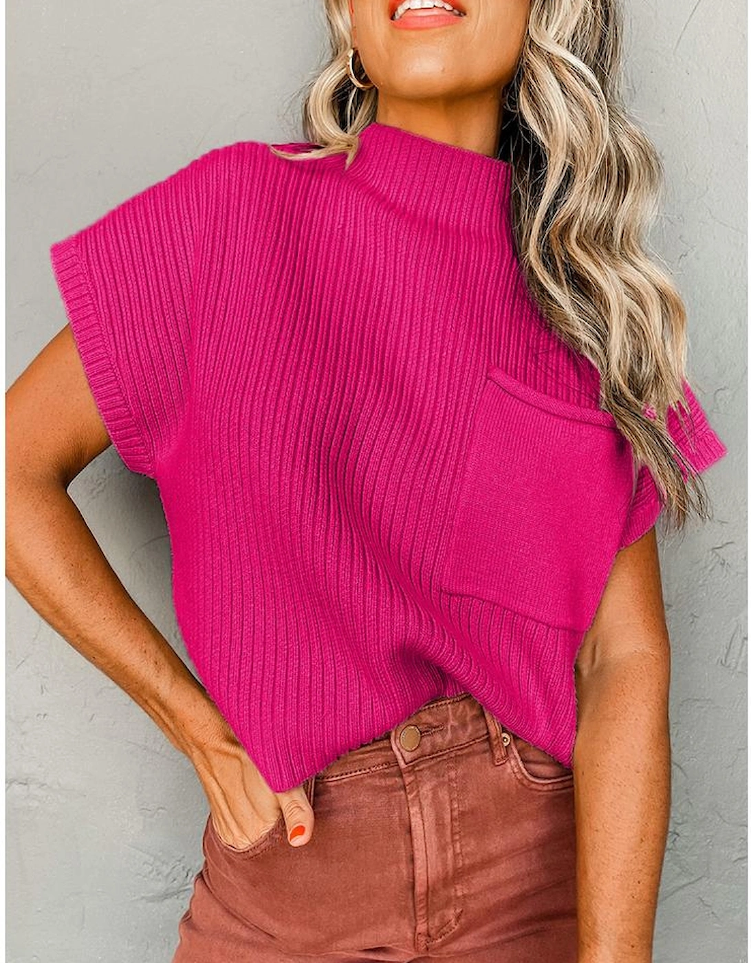 Rose Red Patch Pocket Ribbed Knit Short Sleeve Sweater
