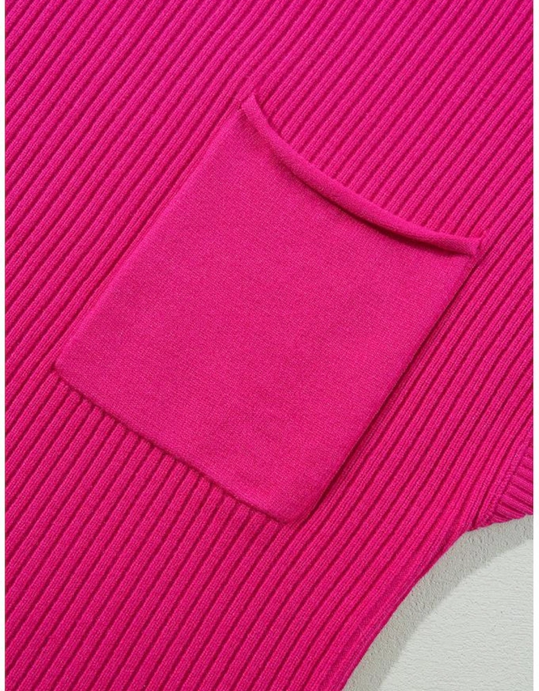 Rose Red Patch Pocket Ribbed Knit Short Sleeve Sweater