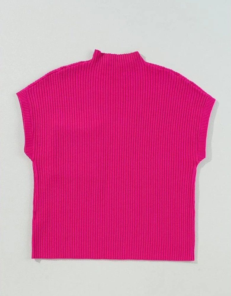Rose Red Patch Pocket Ribbed Knit Short Sleeve Sweater