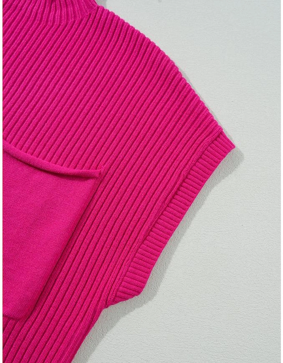 Rose Red Patch Pocket Ribbed Knit Short Sleeve Sweater