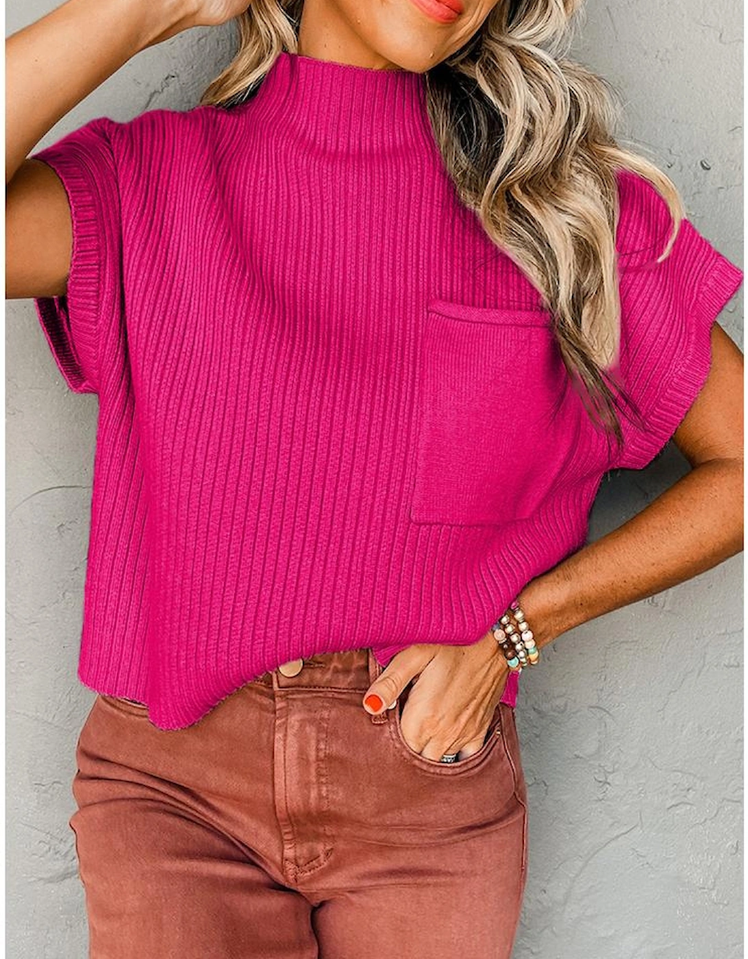 Rose Red Patch Pocket Ribbed Knit Short Sleeve Sweater