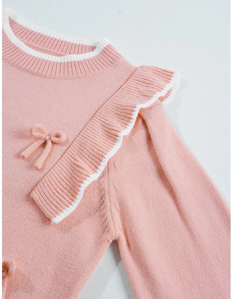 Light Pink Ruffled Bowknot Ribbed Trim Long Sleeve Sweater