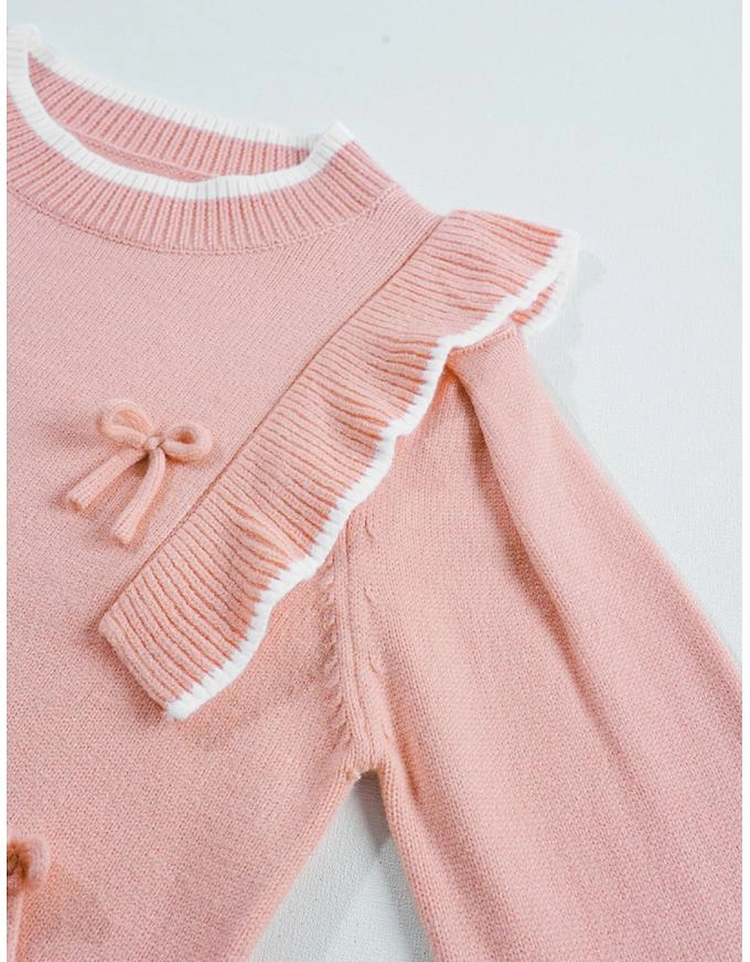 Light Pink Ruffled Bowknot Ribbed Trim Long Sleeve Sweater, 16 of 15