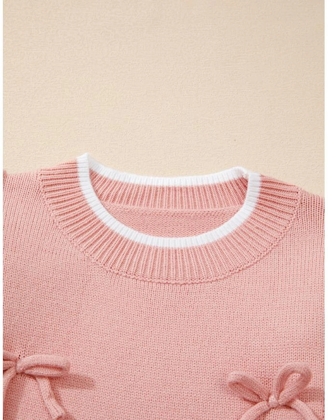 Light Pink Ruffled Bowknot Ribbed Trim Long Sleeve Sweater