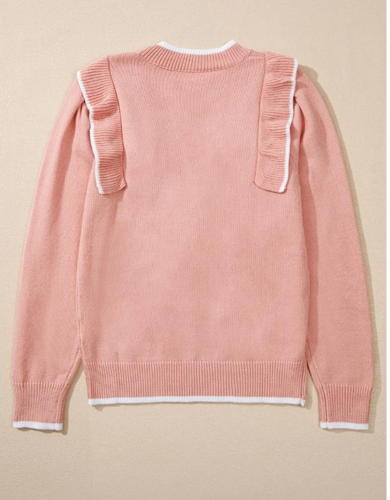 Light Pink Ruffled Bowknot Ribbed Trim Long Sleeve Sweater