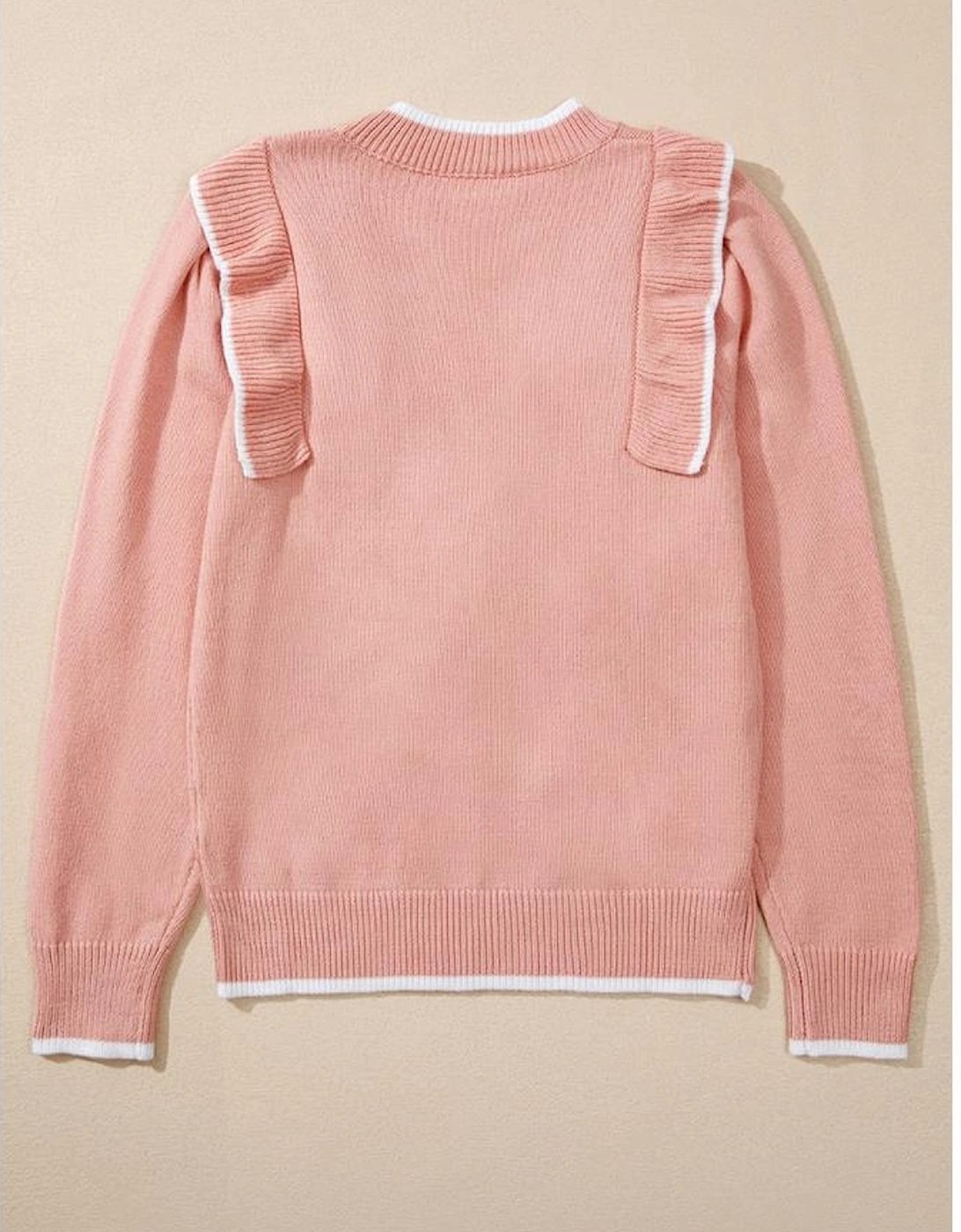 Light Pink Ruffled Bowknot Ribbed Trim Long Sleeve Sweater