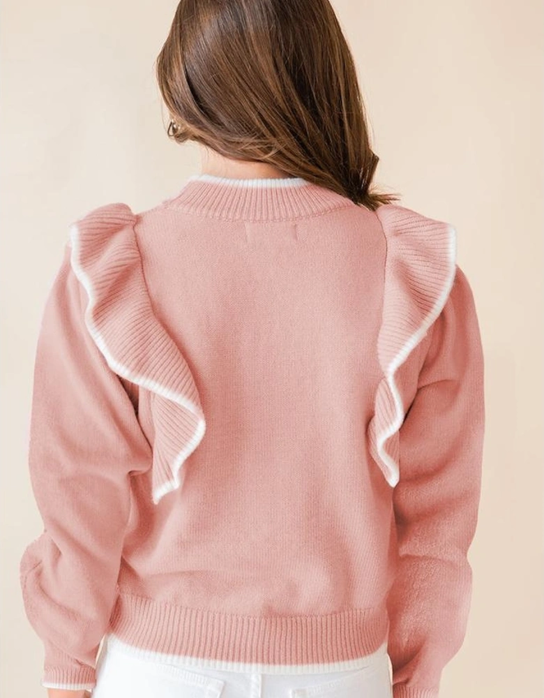 Light Pink Ruffled Bowknot Ribbed Trim Long Sleeve Sweater