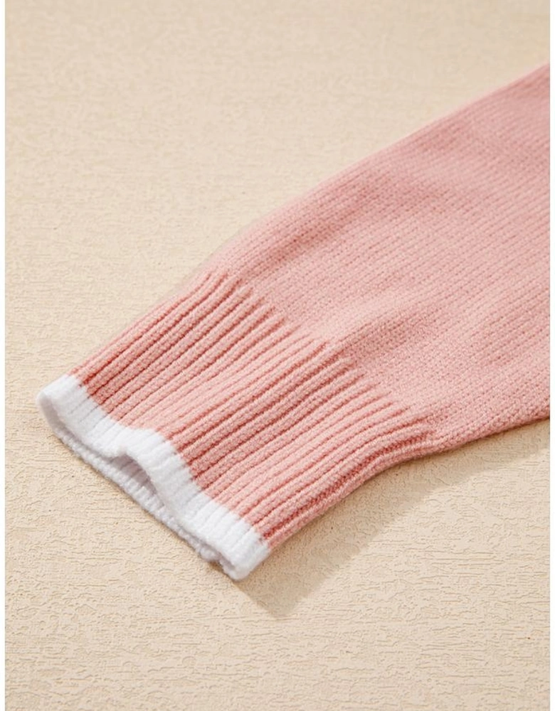 Light Pink Ruffled Bowknot Ribbed Trim Long Sleeve Sweater