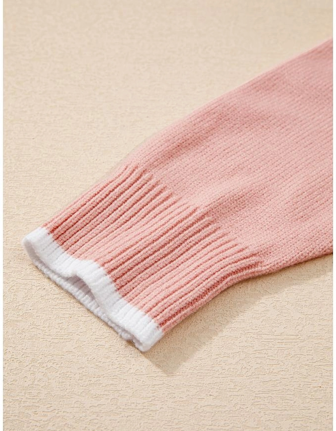 Light Pink Ruffled Bowknot Ribbed Trim Long Sleeve Sweater