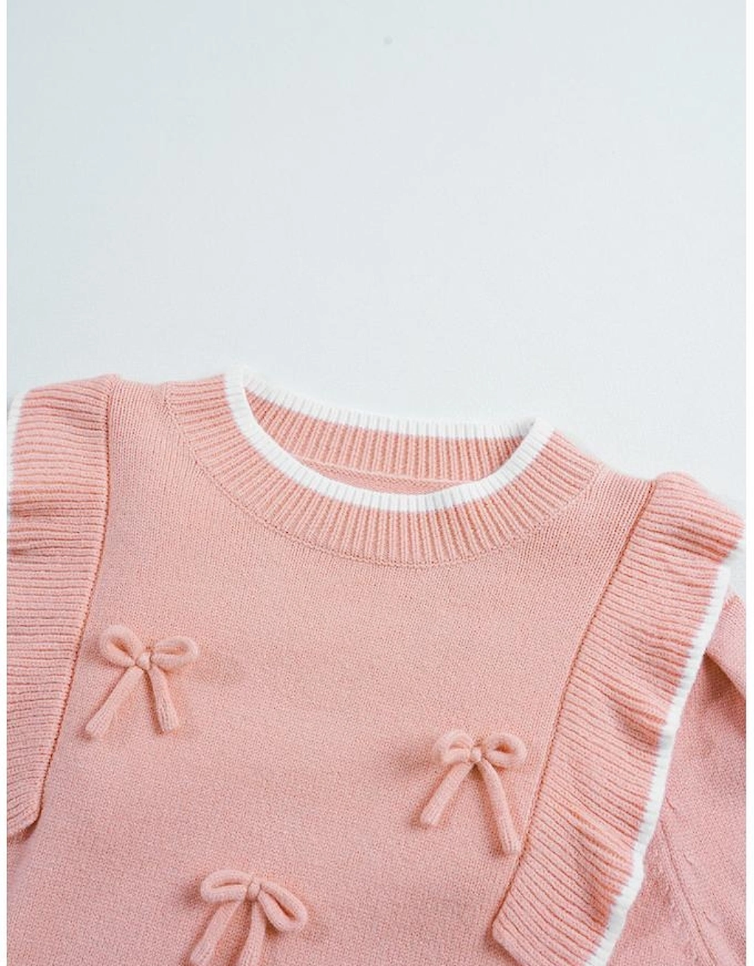 Light Pink Ruffled Bowknot Ribbed Trim Long Sleeve Sweater