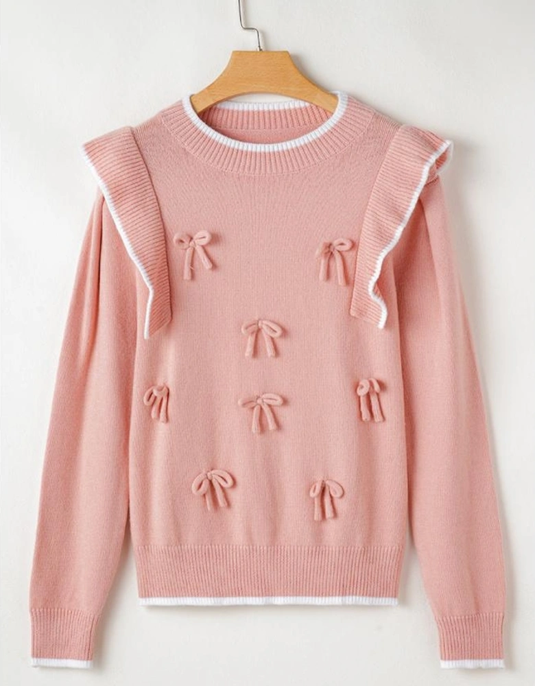Light Pink Ruffled Bowknot Ribbed Trim Long Sleeve Sweater