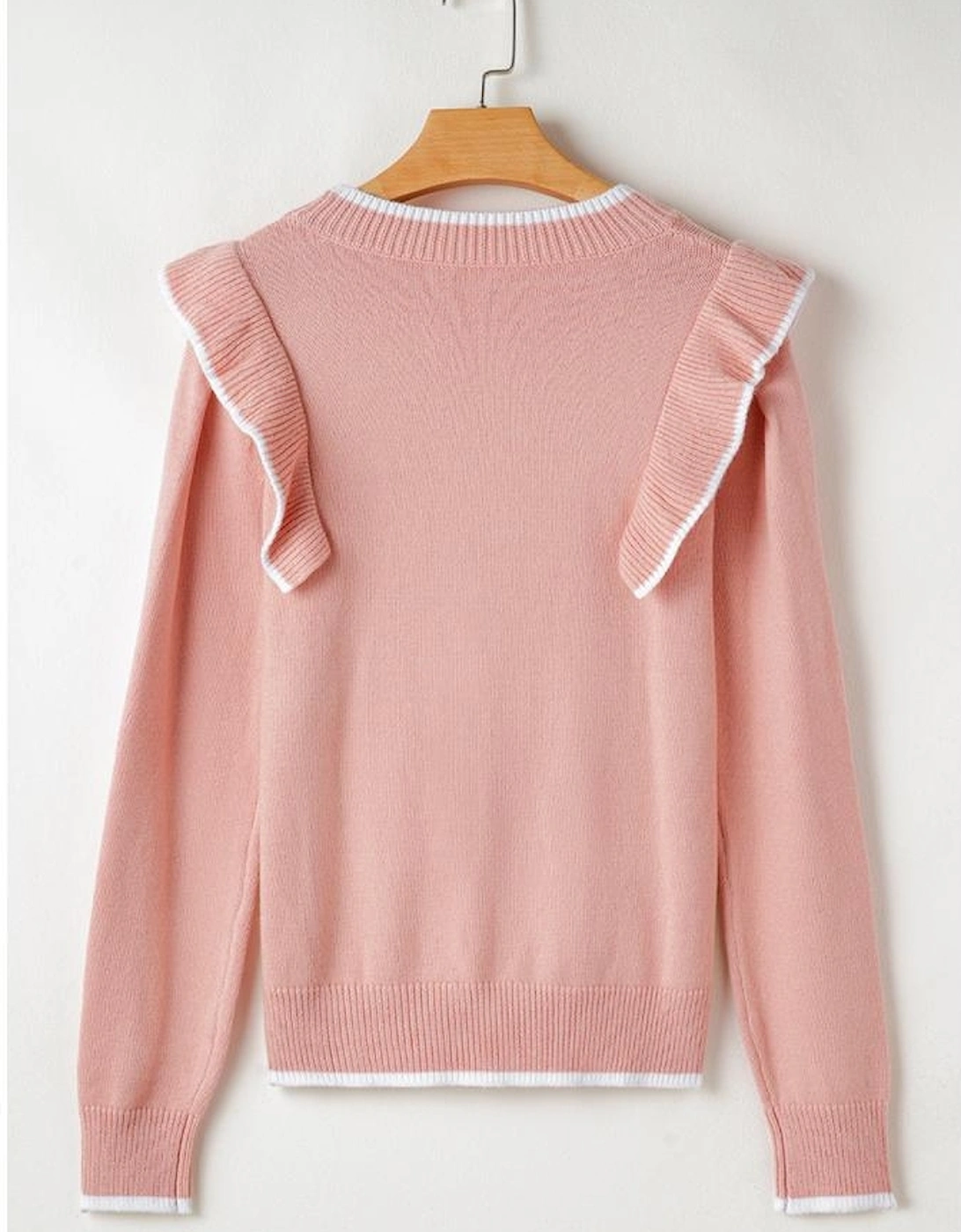 Light Pink Ruffled Bowknot Ribbed Trim Long Sleeve Sweater