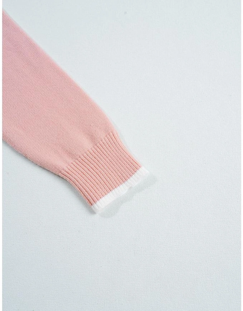 Light Pink Ruffled Bowknot Ribbed Trim Long Sleeve Sweater