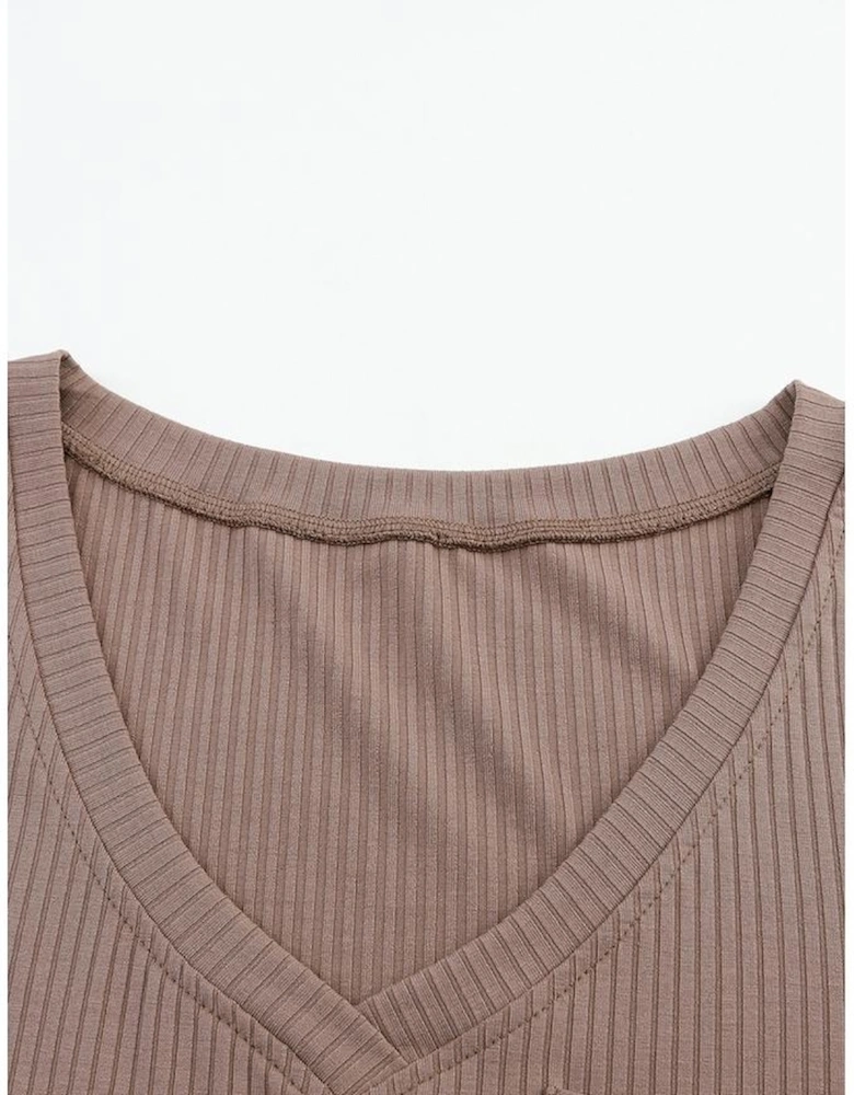 Khaki Ribbed Knit Patched Chest Pocket V Neck Top