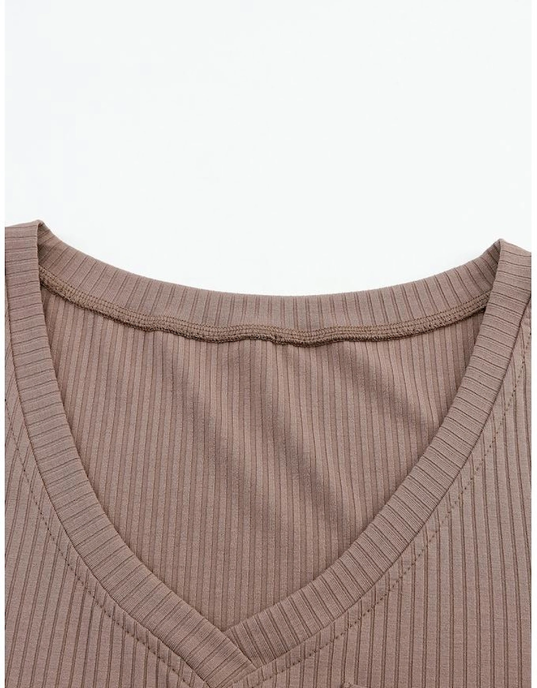 Khaki Ribbed Knit Patched Chest Pocket V Neck Top