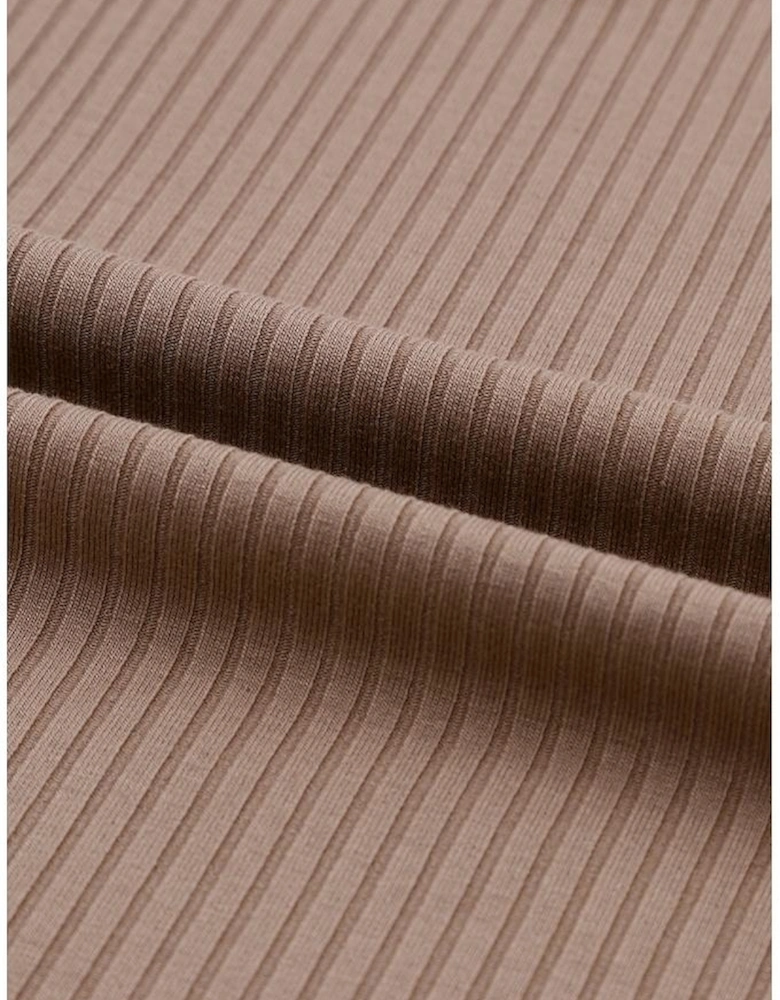 Khaki Ribbed Knit Patched Chest Pocket V Neck Top