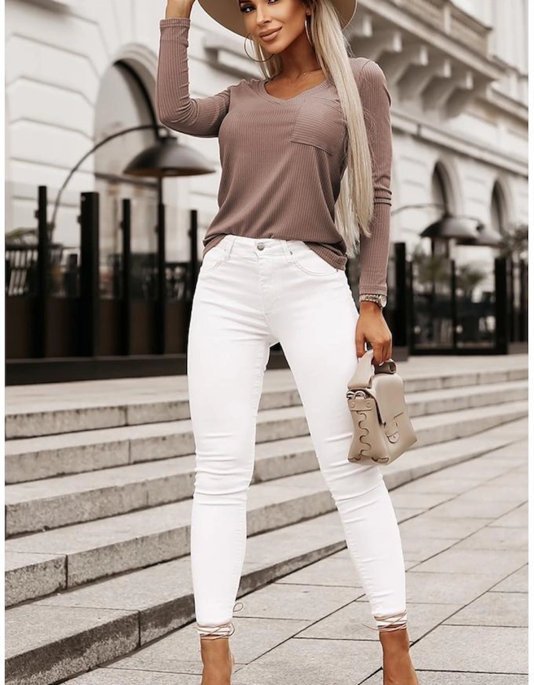 Khaki Ribbed Knit Patched Chest Pocket V Neck Top
