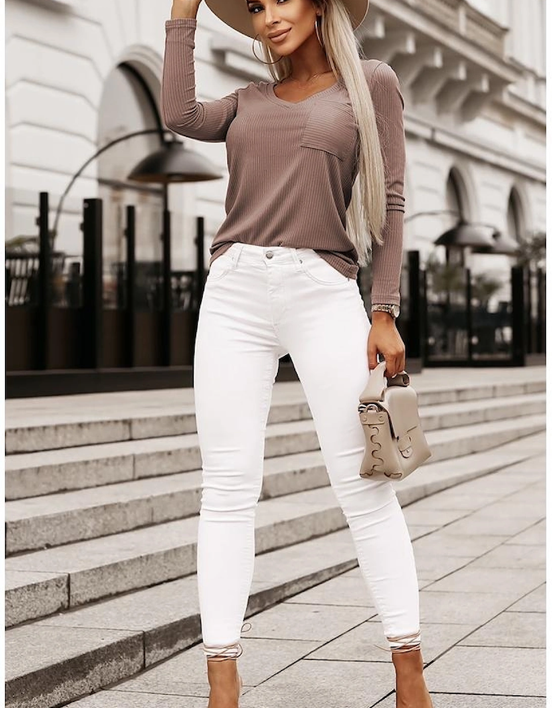 Khaki Ribbed Knit Patched Chest Pocket V Neck Top