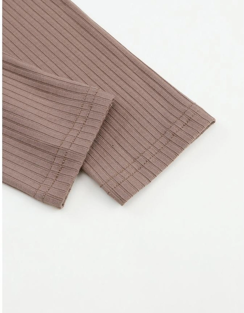 Khaki Ribbed Knit Patched Chest Pocket V Neck Top