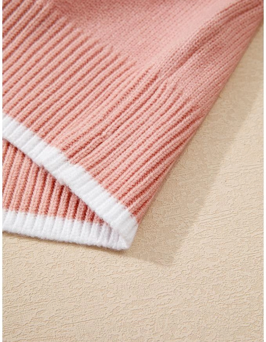 Light Pink Ruffled Bowknot Ribbed Trim Long Sleeve Sweater