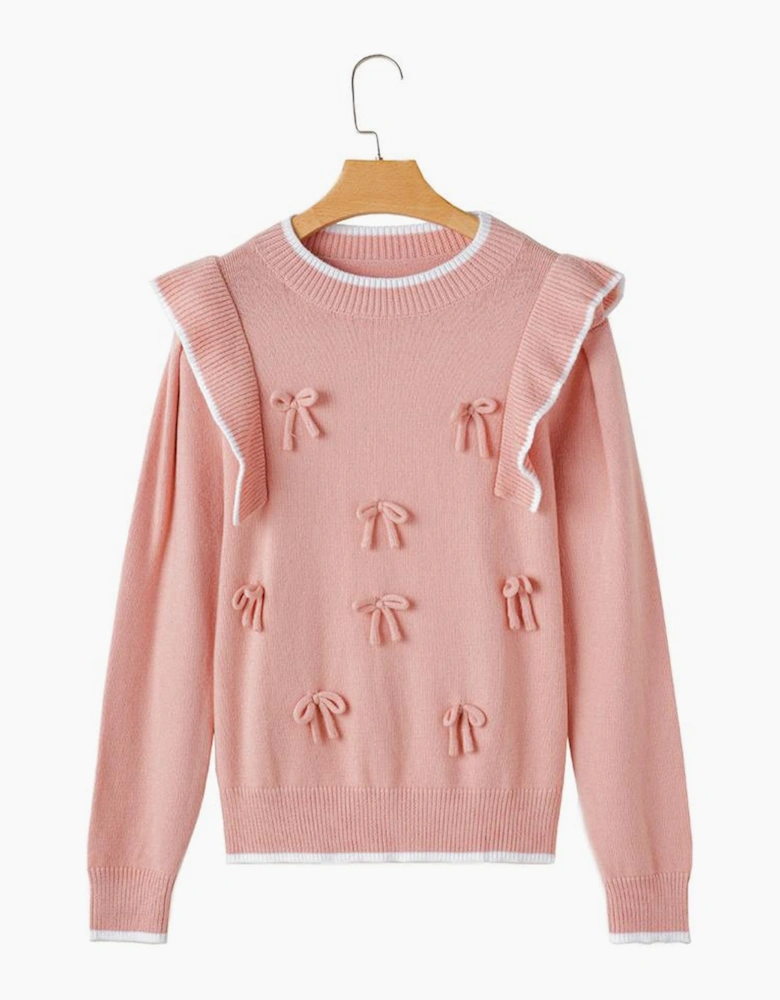 Light Pink Ruffled Bowknot Ribbed Trim Long Sleeve Sweater
