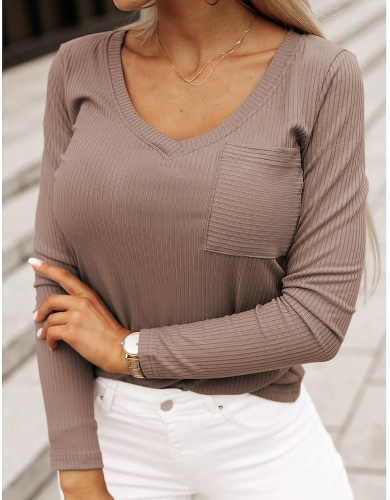 Khaki Ribbed Knit Patched Chest Pocket V Neck Top