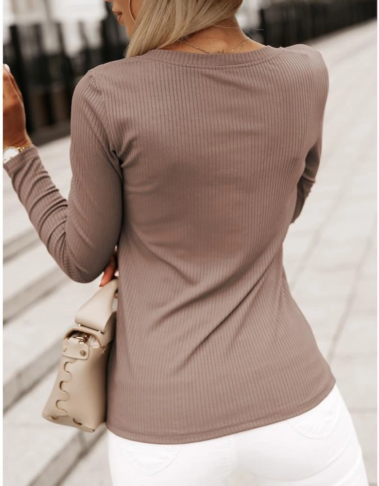 Khaki Ribbed Knit Patched Chest Pocket V Neck Top