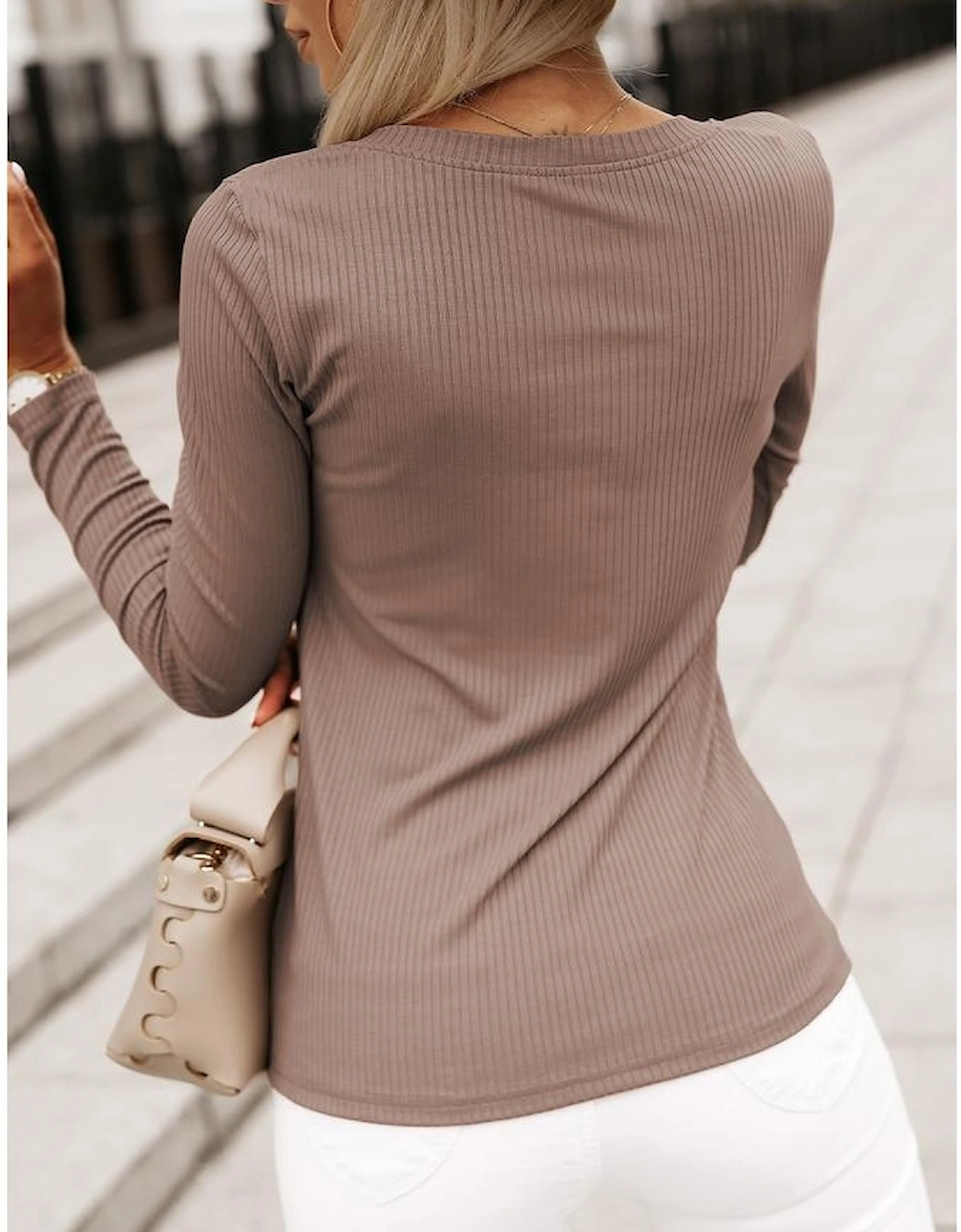 Khaki Ribbed Knit Patched Chest Pocket V Neck Top