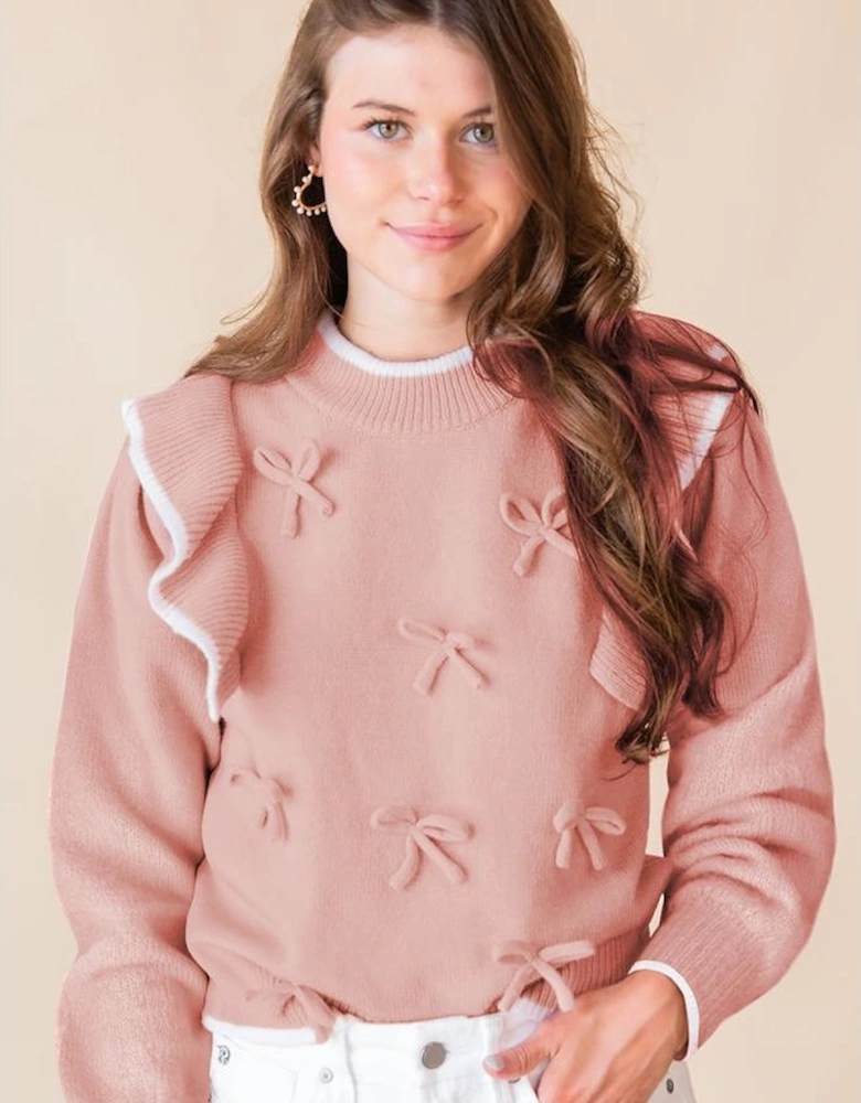 Light Pink Ruffled Bowknot Ribbed Trim Long Sleeve Sweater