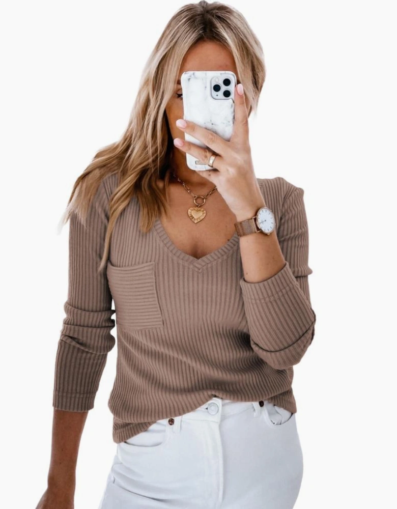 Khaki Ribbed Knit Patched Chest Pocket V Neck Top