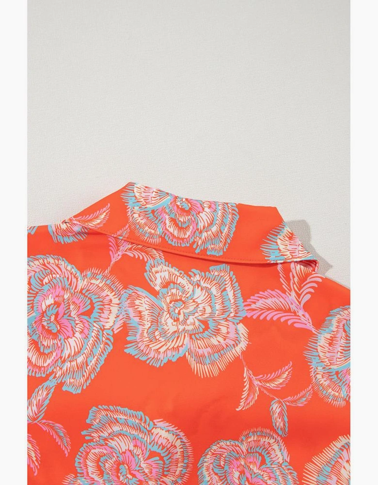 Red Floral Print Lapel Collar Loose Shirt Mini Dress