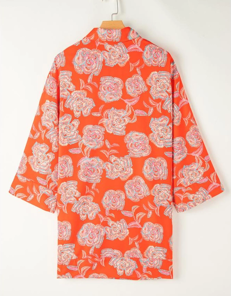 Red Floral Print Lapel Collar Loose Shirt Mini Dress